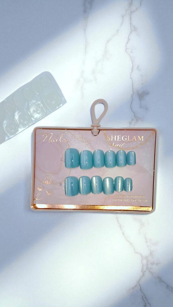 Ногти накладные кошачий глаз Sheglam Nail короткий квадрат арт.tr2237 бирюзовые