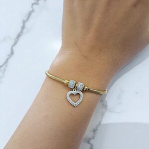 Браслет титан под Pandora с сердечком со стразами арт.tr1812 золото