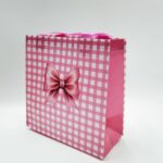 Подарочный пакет-шоппер розовый с бантиком в клеточку 20*22*9см арт.9034-1