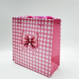 Подарочный пакет-шоппер розовый с бантиком в клеточку 20*22*9см арт.9034-1