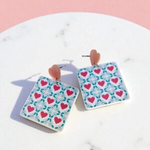 Серьги квадратные с сердцем арт.tr2083 бело-бирюзовые