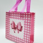 Подарочный пакет-шоппер розовый с бантиком в клеточку 20*22*9см арт.9034-2