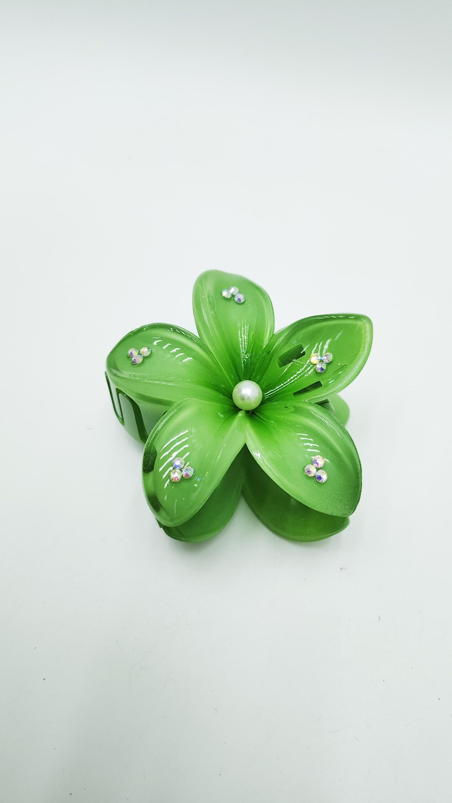 Крабик Гавайский цветок 8см арт.tr526 со стразами и жемчугом зеленый Крабик Гавайский цветок 8см арт.tr526 со стразами и жемчугом зеленый
